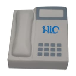 A telephone-shaped stress reliever in white with grey detailing and a logo. Designed as a fun stress keyring.