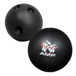 A black bowling ball-shaped stress reliever featuring a logo. Smooth surface with three finger holes.
