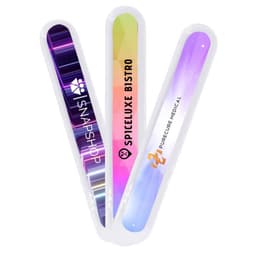 A set of three emery nail files in vibrant colours, featuring various logos and designs.