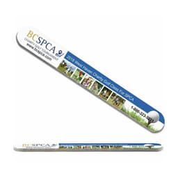 An emery nail file featuring a smooth surface, in a white and grey design, with a logo and imagery of a charity event.