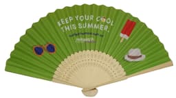 A green bamboo and paper folding fan featuring sunglasses, a hat, and a popsicle design with a logo.
