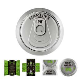 A silver can with a pull tab, featuring a logo and green accents. The design is simple and sleek.