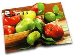 A microfibre cloth with a vibrant fruit design featuring red and green apples, limes, and leaves.