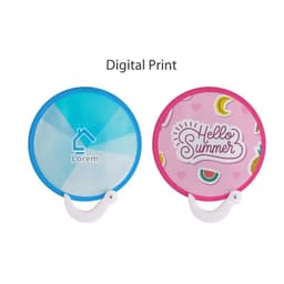 A foldable fan with a blue and pink design, featuring a handle and a logo on one side.