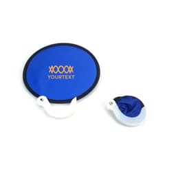 A foldable fan with a blue fabric surface and a white handle, designed for easy portability.