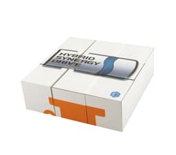 A promotional box featuring a sleek design, predominantly white with blue and orange elements, and a logo on the front.