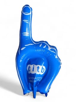 An inflatable blue hand with an index finger raised, featuring a logo.
