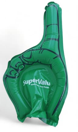 An inflatable hand in bright green, shaped like a thumbs-up, featuring a logo on the palm.