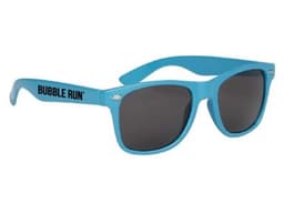 A pair of blue fashion sunglasses with dark lenses and a logo on the arm.