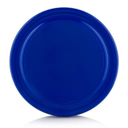 A blue Frisbee with a smooth, round surface and a rimmed edge, featuring a logo.
