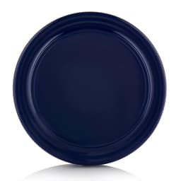 A navy blue Frisbee with a smooth circular surface and a raised rim, featuring a logo in the centre.