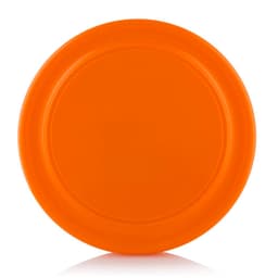 An orange Frisbee with a smooth, rounded design and a slight rim around the edge. It features a logo on the surface.