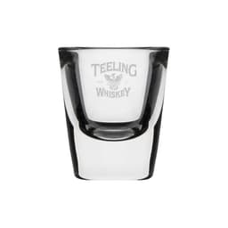 A clear glass shot glass with a logo, featuring a classic design and a smooth finish.
