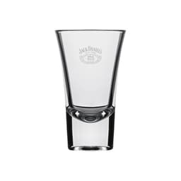 A shot glass in clear glass with a distinct shape and a logo etched on the front.