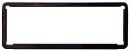A black product frame with cut-out sections, featuring a logo. It has a sleek, minimalist design.