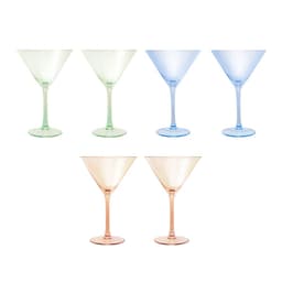 A set of two glamour martini glasses in peach, alongside two blue and two green glasses, all gift boxed.