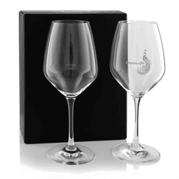A twin pack of elegant wine glasses in clear glass, presented in a black box. One glass features a logo.