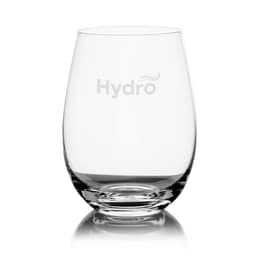 A stemless wine glass in clear glass with a smooth, curved shape and a branding logo.