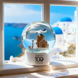 A custom snow globe featuring an airplane over a landmark, set against a coastal view with blue domes.