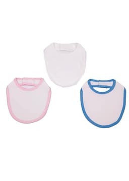 Three baby bibs in white, pink, and blue, featuring a simple design and adjustable neck straps. Each bib has a logo.