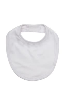 A white baby bib with a rounded shape and a fastener at the neck. It features a logo at the edge.