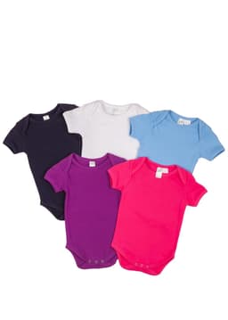A collection of five baby short sleeve rompers in navy, white, light blue, purple, and pink, featuring a logo.