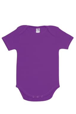A purple baby short sleeve romper, featuring snap closures at the bottom and a simple design.