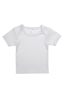 A white short sleeve baby tee featuring a round neck and a small tag inside. It has a plain design.