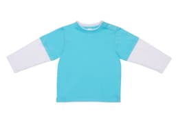 A kid's double sleeve T-shirt featuring a turquoise body and white long sleeves. The shirt has a small logo on it.