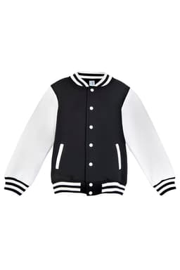 A black and white varsity jacket featuring a button-up front and striped cuffs. It has a logo on the chest.