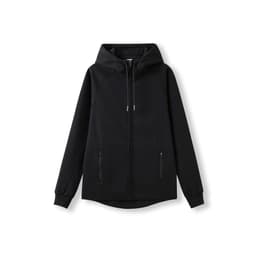A black hoodie made from soft cotton and bonded polar fleece, featuring a zip closure and a hood.