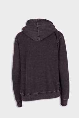 A dark stone wash fleece hoodie with a relaxed fit and a hood, featuring stitched detailing.