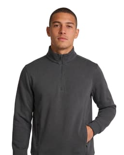 A men's half zip fleece jumper in dark grey, featuring a collar and side pockets. Includes a logo on the chest.