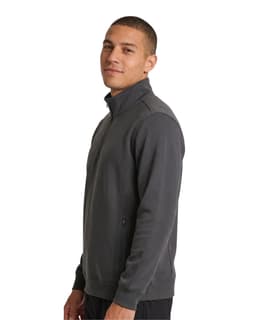 A grey men's half zip fleece jumper with a high collar and a fitted design. It has a logo on the chest.
