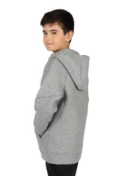 A grey hoodie with a hood, featuring a relaxed fit and a logo on the front. Suitable for juniors.