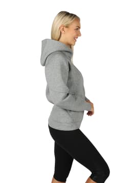 A grey women's junior hoodie with a hood, paired with black leggings, displayed on a model from the side.