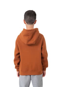 A brown kangaroo pocket hoodie with a hood, viewed from the back. Grey sweatpants are worn underneath.