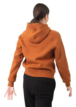 A kangaroo pocket hoodie in burnt orange, featuring a hood and a fitted design. Suitable for women and juniors.