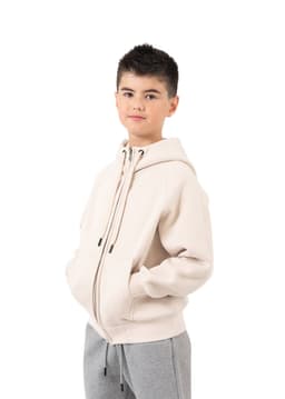 A beige hoodie with a zipper and kangaroo pockets, featuring a hood and a fitted design.