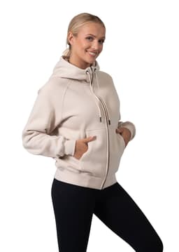 A light beige women's cotton hoodie with a kangaroo pocket, zipper, and a hood, featuring a logo.