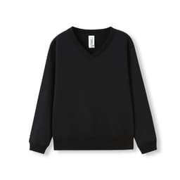 A black kids' v-neck fleece jumper with a relaxed fit and long sleeves. It features a ribbed hem and cuffs.