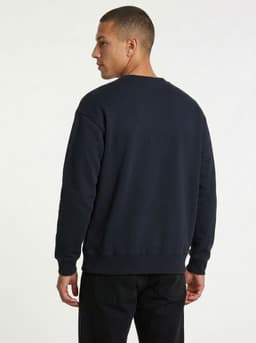 A navy men's/unisex V-neck fleece jumper with a plain design and crew neckline, featuring a logo on the back.
