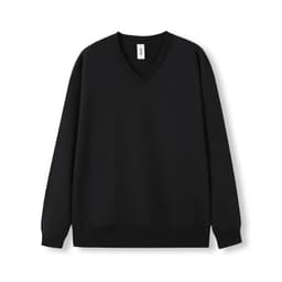 A black unisex V-neck fleece jumper with long sleeves and ribbed cuffs, featuring a branding tag.