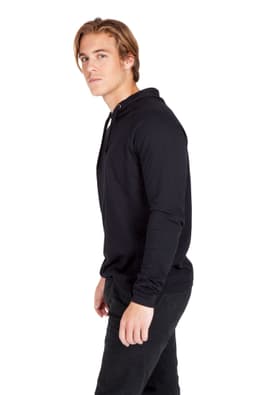 A black men's/unisex FUSION T-shirt hoodie with a stylish design and long sleeves, featuring a logo.