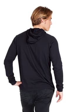 A black men's/unisex Fusion T-shirt hoodie with a relaxed fit and a hood. It features long sleeves.