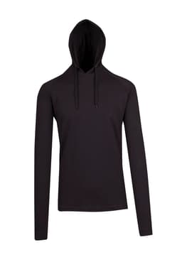 A black unisex FUSION T-shirt hoodie with long sleeves and a hood, featuring a simple design.