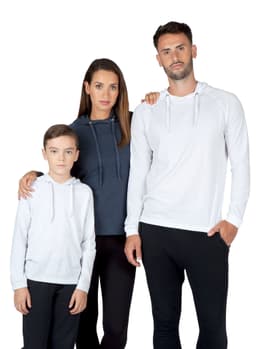 A grey women's fusion T-shirt hoodie, shown on a woman, a man, and a boy, all in black pants with a white background.