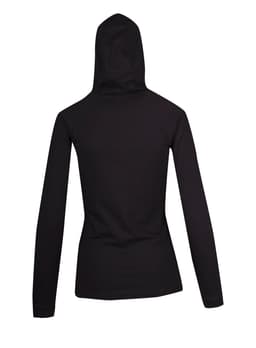 A black women's fusion T-shirt hoodie featuring a fitted design and a hood, displaying the back view.