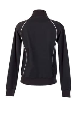 A black women's/juniors unbrushed contrast jacket featuring white detailing and a high collar, with a logo on the back.