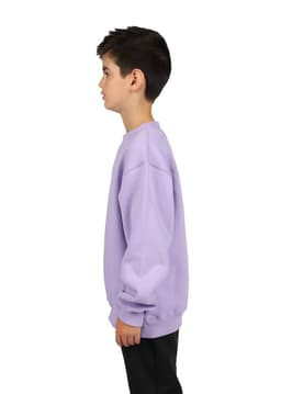A kid wearing a purple crew neck jumper, standing sideways with a relaxed fit and long sleeves.